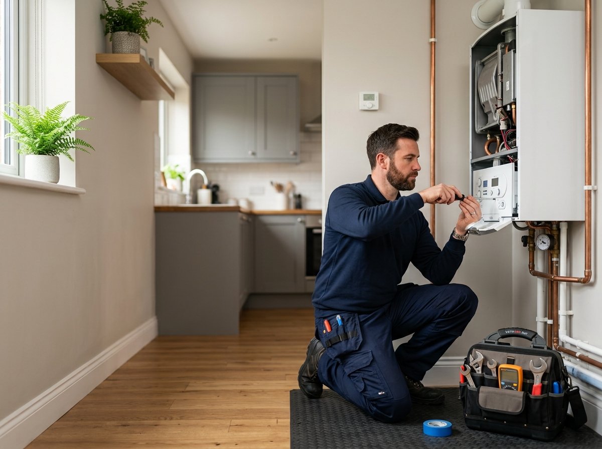 Professional British heating and plumbing engineer at work in Reading