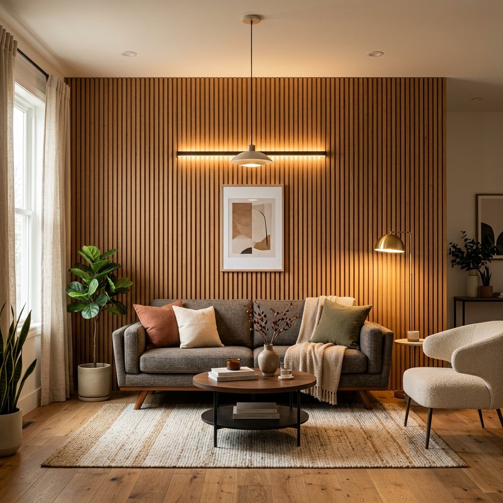 Living room accent wall wood treatment