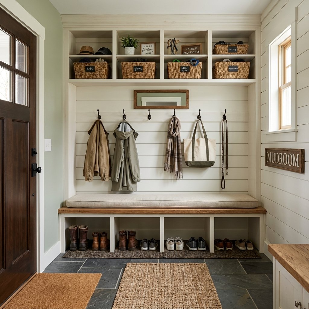 Mudroom bench and storage woodwork