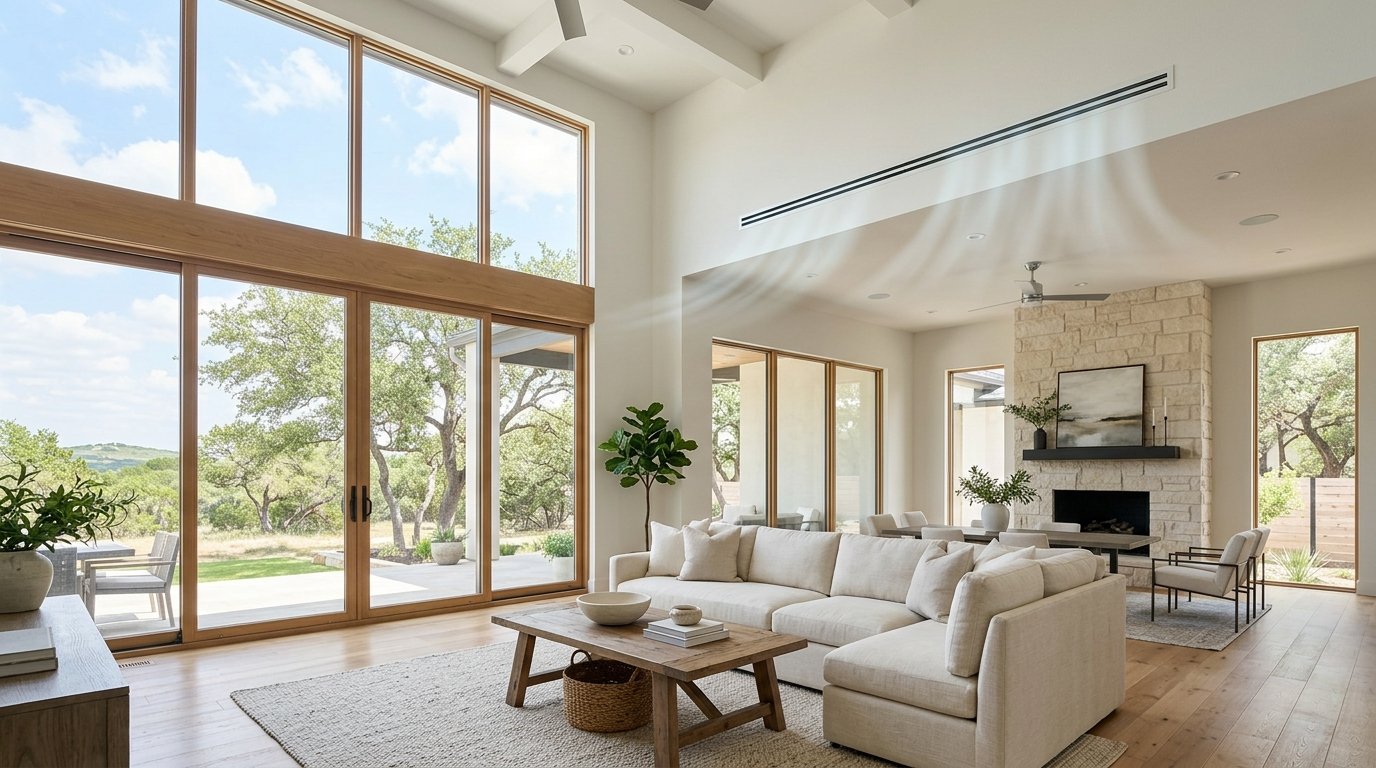 Comfortable cool modern Texas home living room with refreshing indoor air