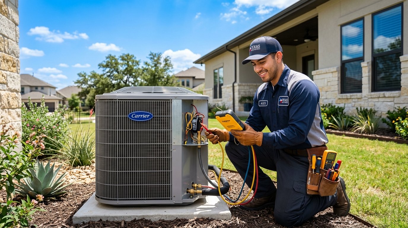 Central Texas HVAC technician Rafael performing air conditioner repair in Manor Texas
