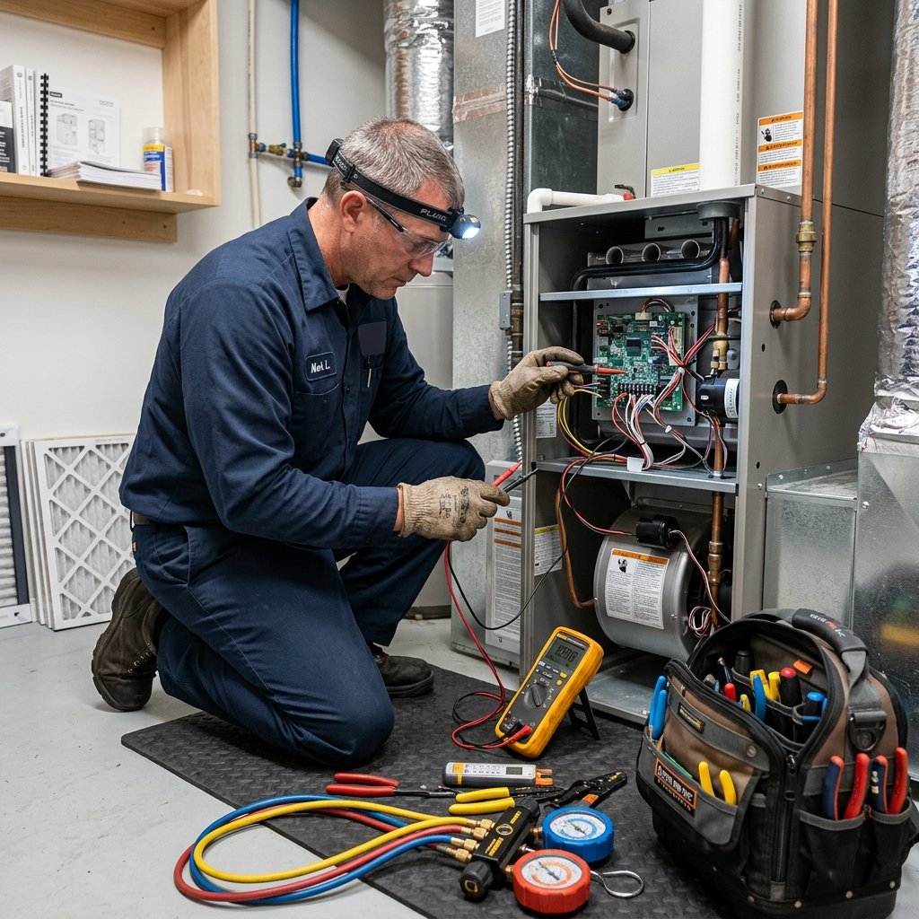HVAC technician inspecting residential boiler and furnace system in a Massachusetts home