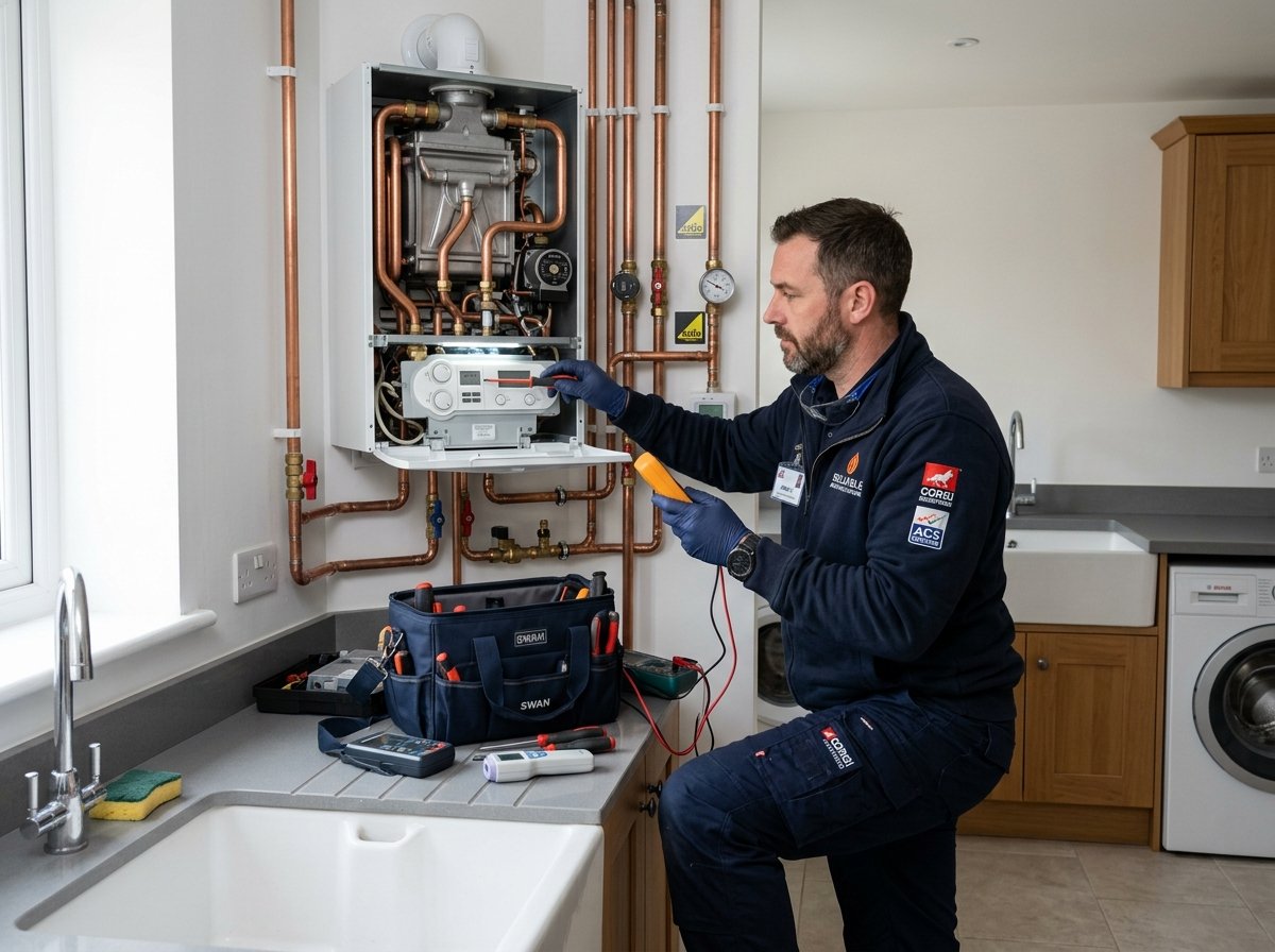 Luke from Offley Plumbing servicing a domestic boiler in a modern UK home