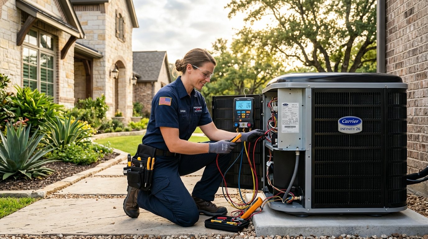 Texas Elite HVAC technician servicing high-efficiency air conditioning system