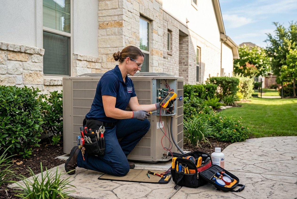 Experienced Texas HVAC technician inspecting residential outdoor AC condenser