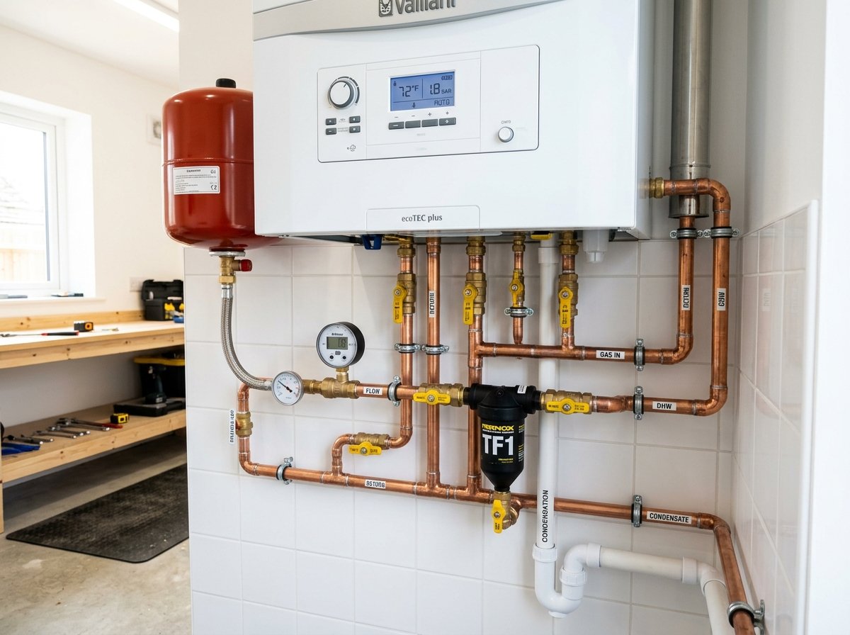 Modern high-efficiency condensing gas combi boiler with copper pipework and magnetic filter