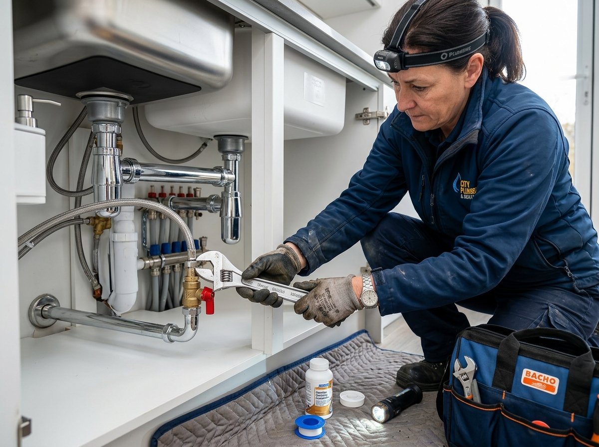 RDM plumber inspecting and repairing under-sink pipework and isolation valves