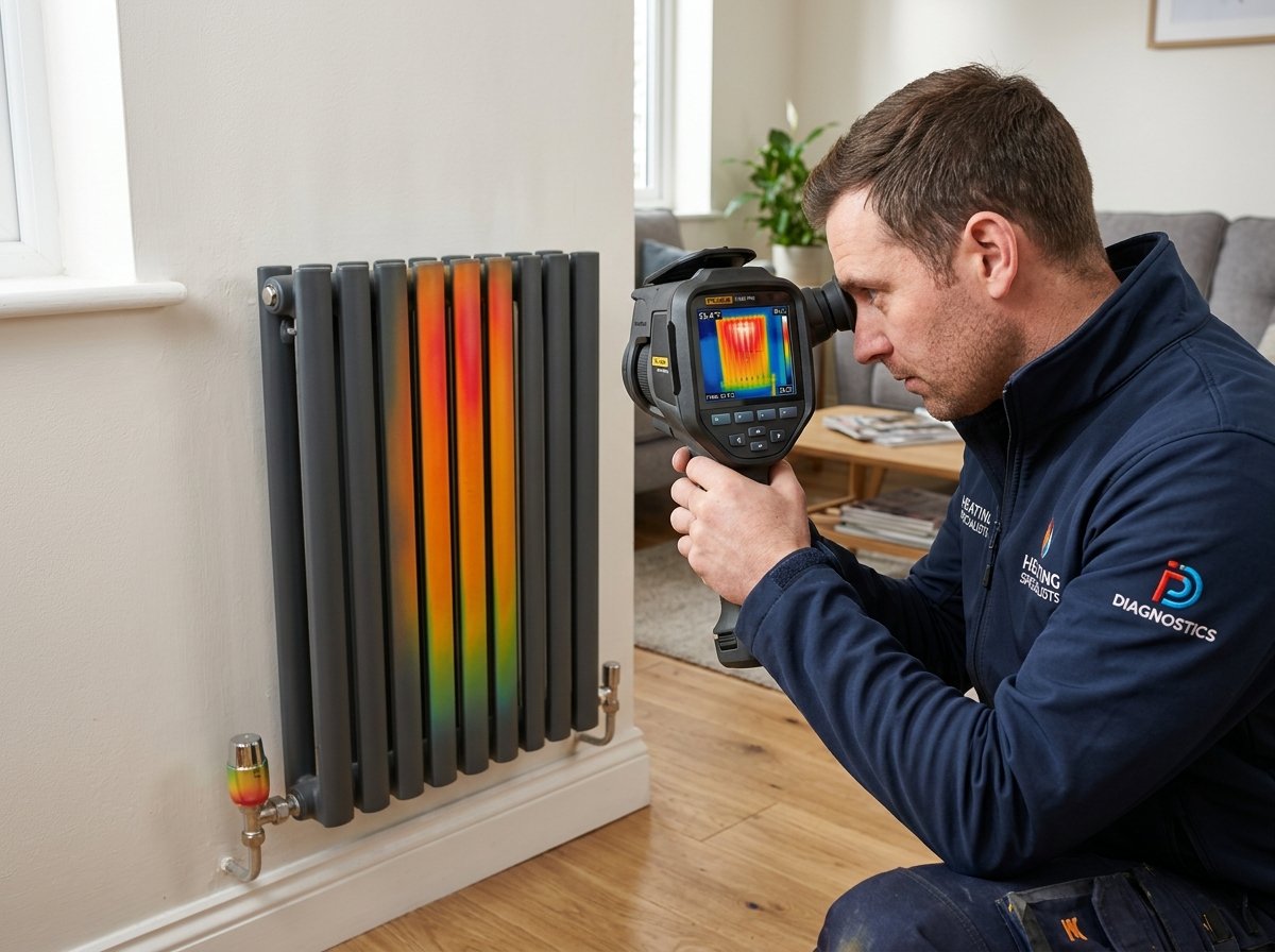 RDM heating engineer performing thermal imaging diagnostics on a modern radiator