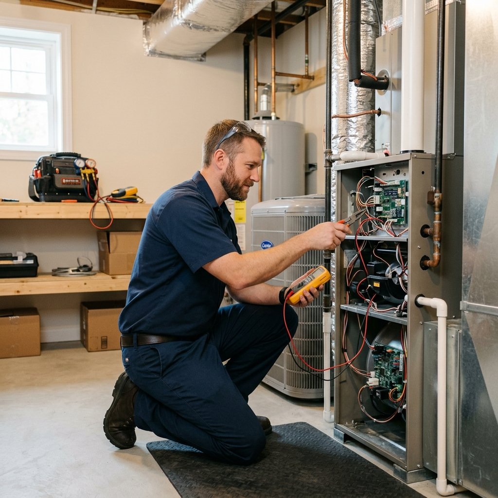 Sam's HVAC technician inspecting residential heating equipment in Worcester, Massachusetts